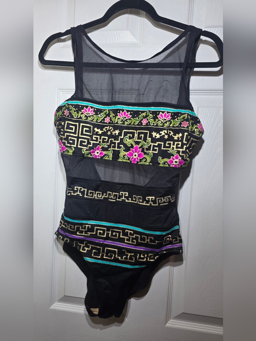 Catalina Vintage One Piece Swimsuit Black Mesh Floral Size 12 Made in USA
